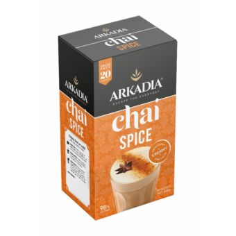 Arkadia Chai 20 Sachet Box Angle chai spice front GS1 scaled